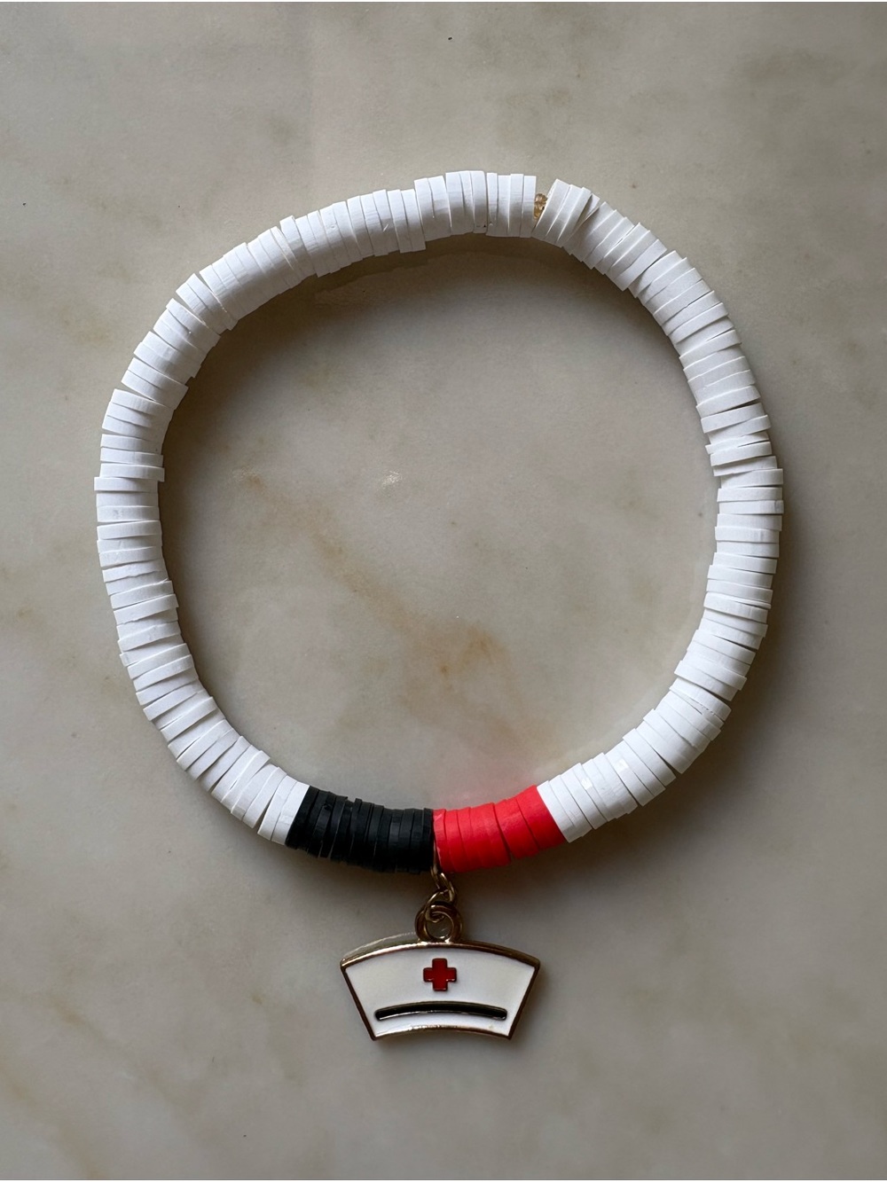 Handmade White Clay Beaded Nurse Charm Bracelet Elastic